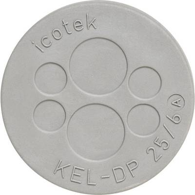 A round, grey protective cap with five circular cut-outs, with the inscription 'icotek KEL-DP 25/6' printed on it.