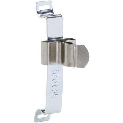 A silver stainless steel cable clip with 'icotek' inscription for securing cables, shown from the side view.