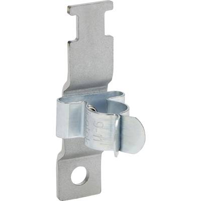Metal clip with a flat design, hole at the bottom edge and spring-loaded clamp in the centre, used for fastening.