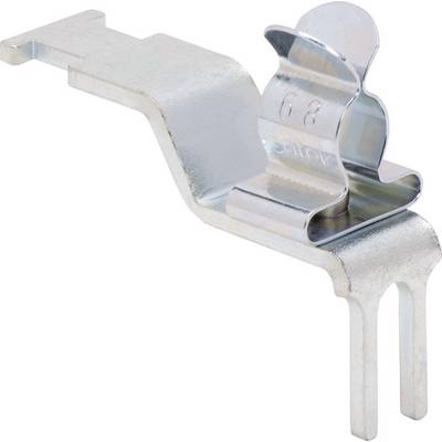 A metallic fastening clip with a hook and two sturdy prongs for secure fixing.