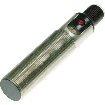 A cylindrical metal inductive proximity sensor with threading and a red LED indicator on the side.