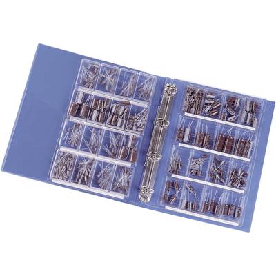 Open folder with multiple plastic compartments containing various types of electronic components, primarily resistors.