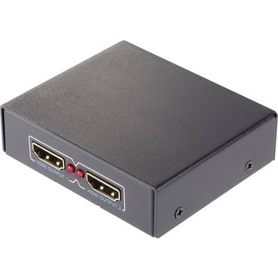 Black HDMI splitter with two outputs and red indicator light, suitable for splitting an HDMI signal across two devices.