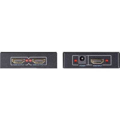 Two HDMI outputs on the left side, one HDMI input and a power connection on the right side of an HDMI splitter.