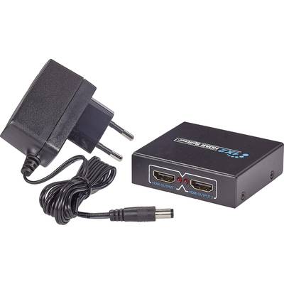 Power supply with cable and an HDMI splitter with two outputs. The splitter has a red status indicator and is designed for HDMI signal distribution.