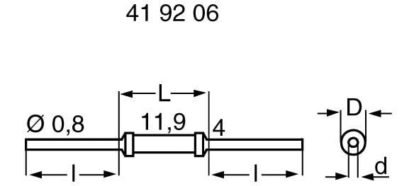 Technical drawing of a small component with dimensions: Length 11.9 mm, Diameter 0.8 mm. Further details are marked L, 4, D, and d.