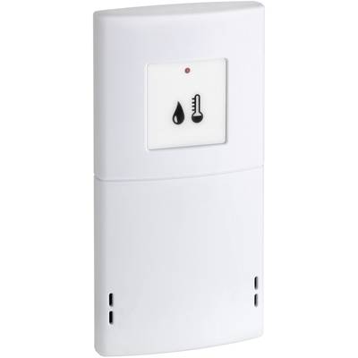 A white sensor with symbols for humidity and temperature displays environmental monitoring.
