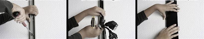 Three steps for cable routing: 1. Remove cover with screwdriver. 2. Arrange cable flat, secure with fastening. 3. Reattach cover.