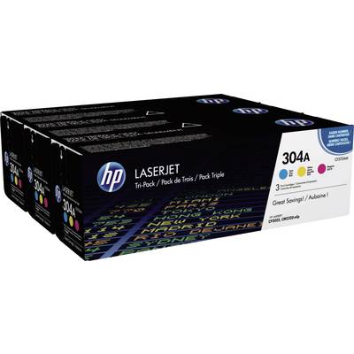 A package containing three HP LaserJet 304A toner cartridges. It is designed for multiple printer compatibility and offers cost savings.