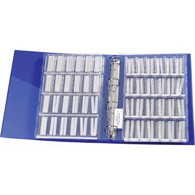 Blue folder with an open ring mechanism, containing organised test lenses in transparent pouches, numbered for vision correction tests.