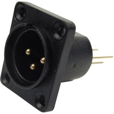 A black, angled XLR socket with three gold-plated contacts and four mounting screw holes.