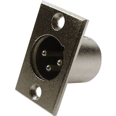 Metallic, rectangular audio plug with a circular opening and three holes for pins, mounted on a mounting plate.