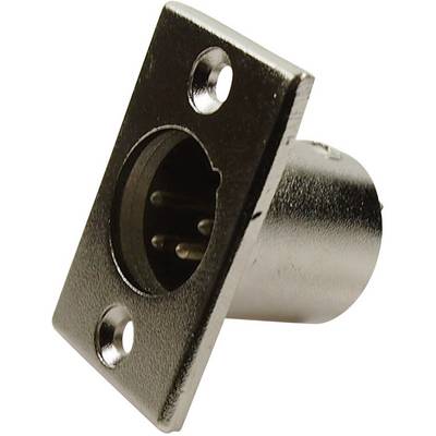 Metallic XLR connector with four pins, mounted on a rectangular plate, suitable for professional audio connections.<br><br>Translation:<br>Metal XLR plug with four pins, mounted on a rectangular mounting plate, suitable for professional audio connections.