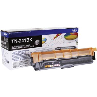 Brother TN-241BK toner cartridge before packaging. Packaging shows graphics and lists colours: Black, Cyan, Magenta, Yellow.