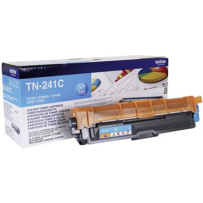 A 'Brother TN-241C' cyan toner cartridge, pictured in front of its packaging. The packaging displays graphics and product information.