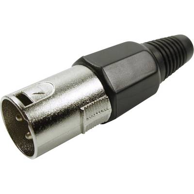 Metal XLR plug, three-pin, with black plastic housing, commonly used in audio equipment.
