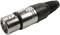 A silver XLR plug with a black plastic housing, three-pin, for audio or microphone cable connections.