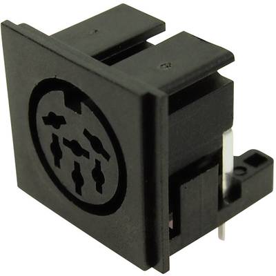 A black DIN plug with multiple connections for electronic interfaces set into a rectangular housing.