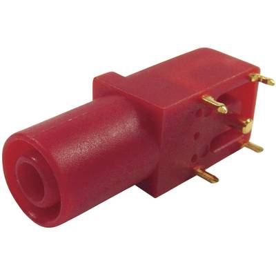 Red electrical connector with metal pins, used for connections in electronic devices or circuits.