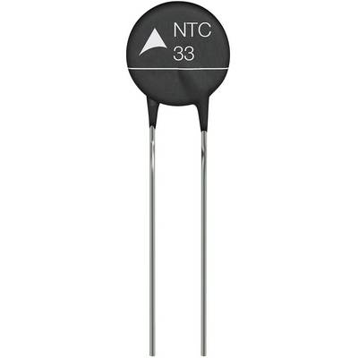 A black NTC thermistor with 'NTC 33' printed on it, with two metal terminals at the bottom.