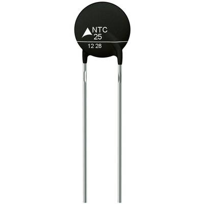 A black NTC thermistor with two metal legs. 'NTC 25' is printed on top, with the number '12 28' underneath.
