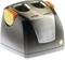 Electric knife sharpener in black with stainless steel front and orange accents. Two slots for sharpening, LED indicators on top.