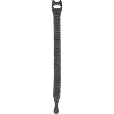 Grey hook and loop fastener, lying flat on a white background, with a narrow end and a wider section for threading.