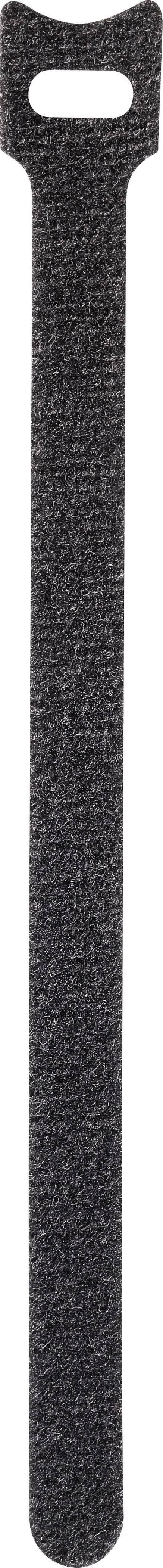 Black hook and loop fastener strip in vertical orientation; used for bundling or securing cables or other items.