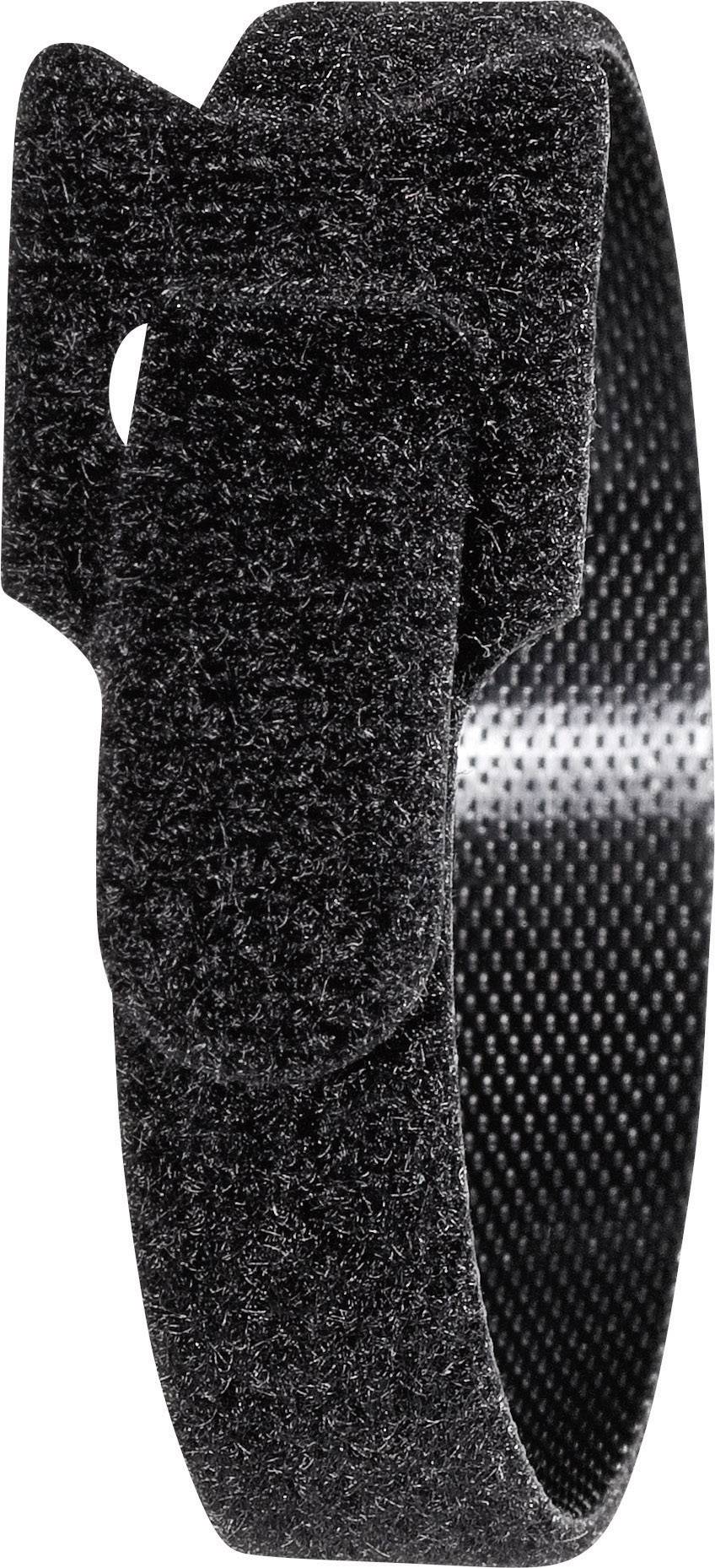 A black hook and loop fastener tape used for securing or organising cables. It is flexible and reusable.