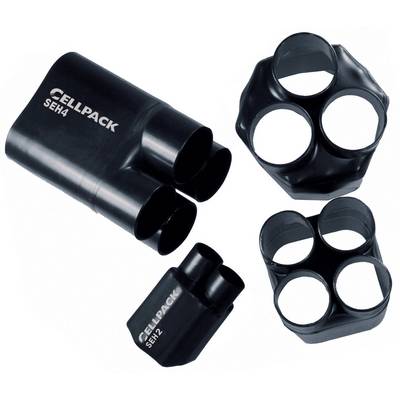 Four black heat-shrink tubes of varying sizes from Cellpack, each with multiple openings for cable insulation.