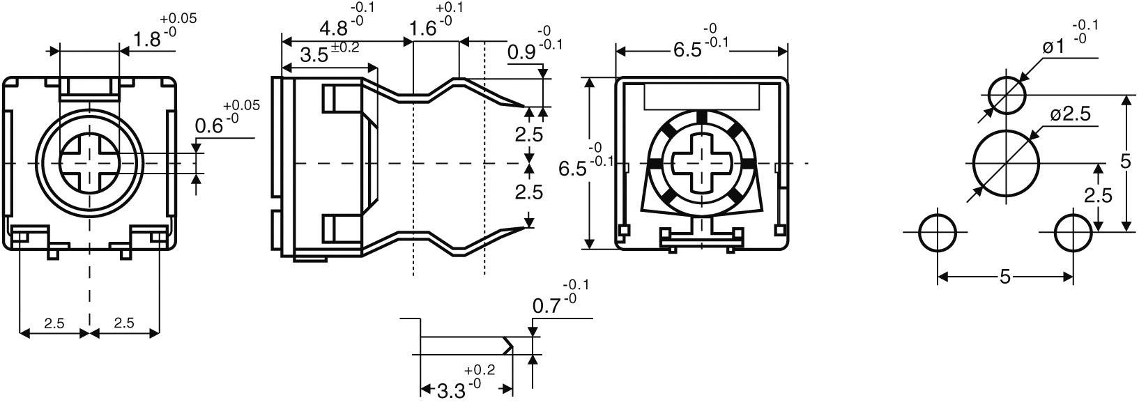 Technical drawing of an electrical connector with multiple views and precise dimensional specifications in millimetres.