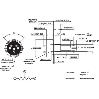 Figure of an electrical connector with dimensional specifications in millimetres and inches. Shows connection pins, housing markings, and tolerances.