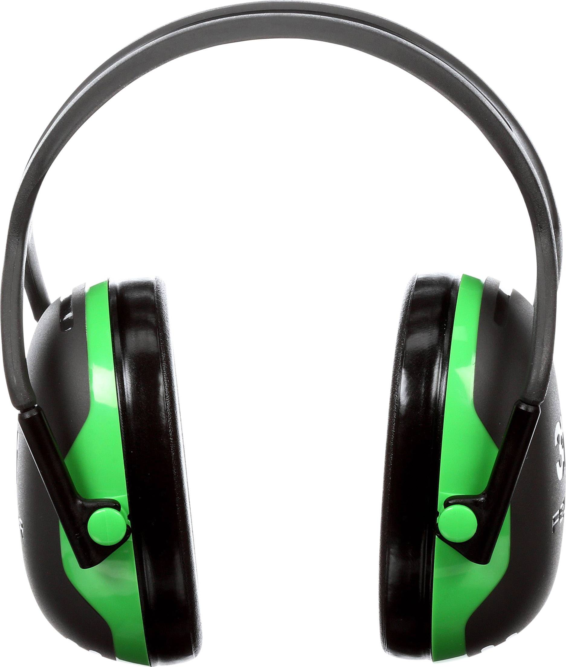 Green and black ear defenders in front view, emphasising protective function.