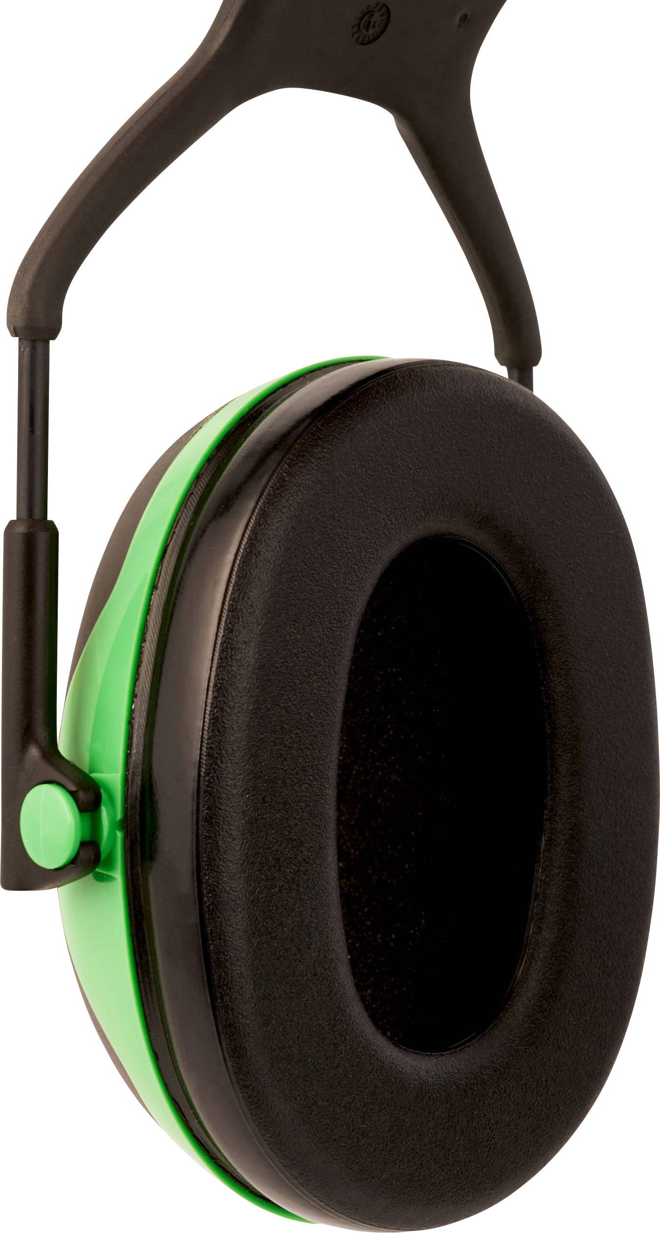 Green ear defenders with black padding and headband, suitable for noise reduction in loud environments.