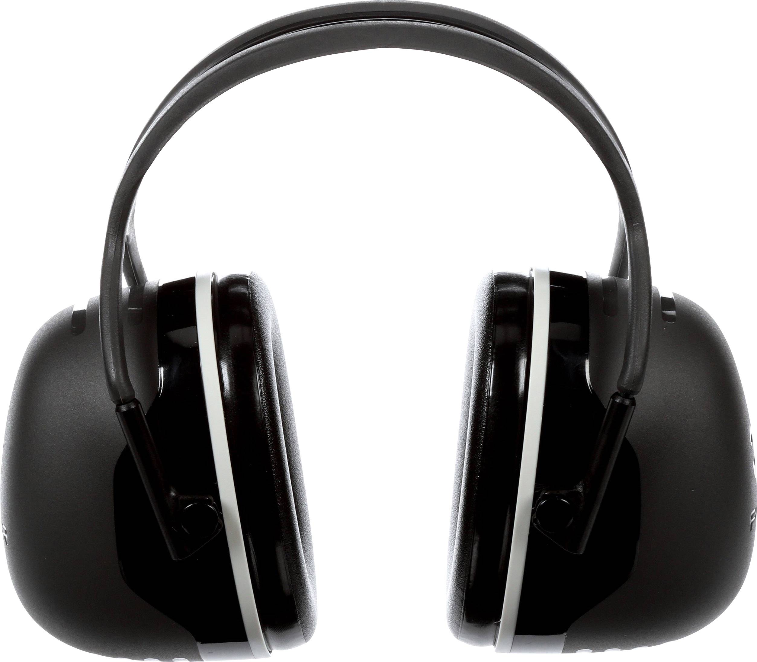 A pair of black ear defenders with padded ear cups and an adjustable headband.