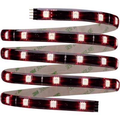 A flexible LED light strip with red luminous diodes and gold contacts.
