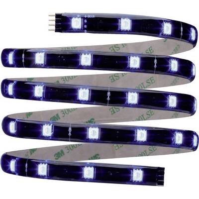 LED light strip with glowing blue lights in a spiral arrangement, back with adhesive strip.