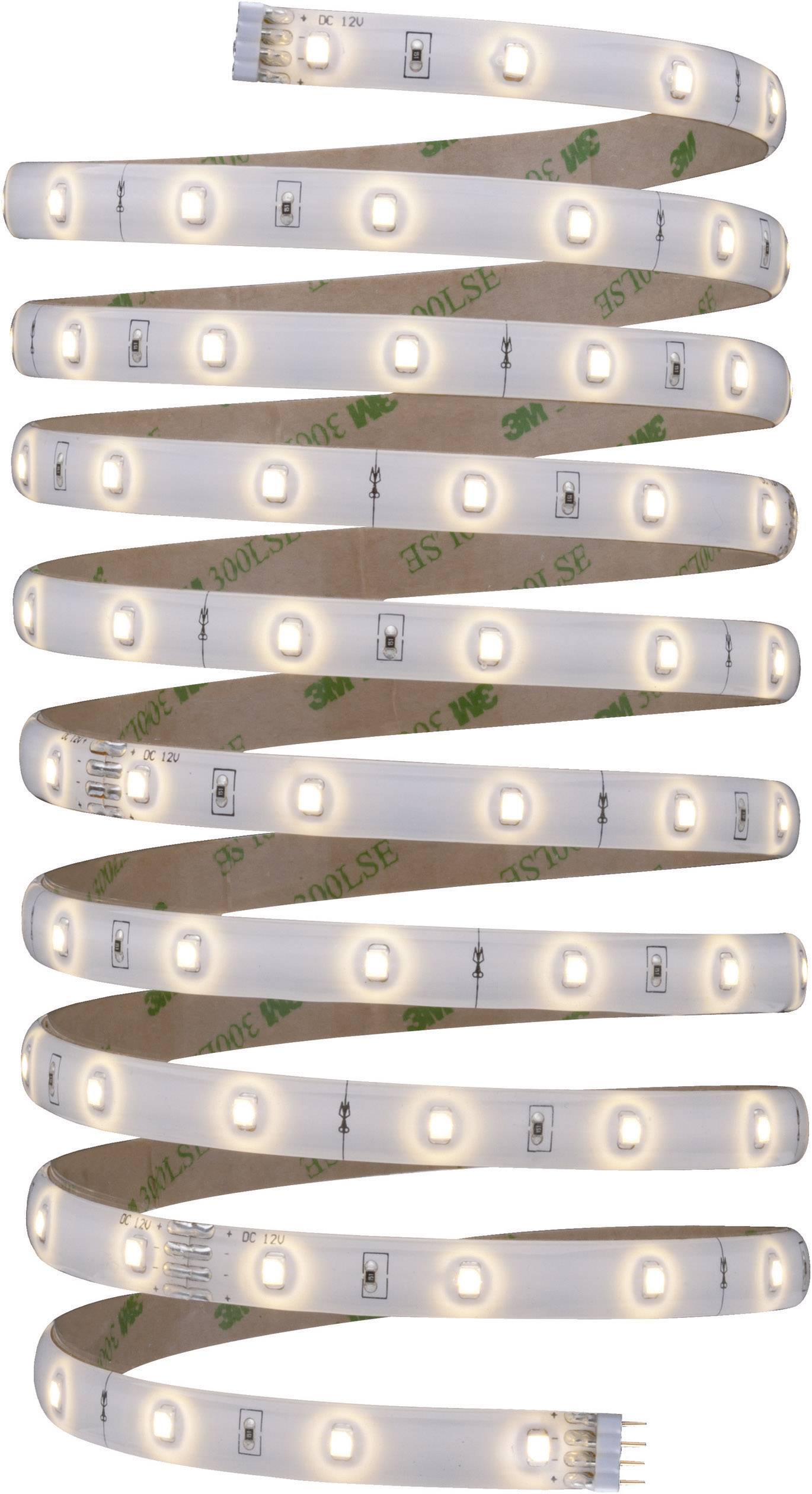 A flexible LED light strip, rolled up, with illuminating diodes and an adhesive backing, suitable for decorative purposes.
