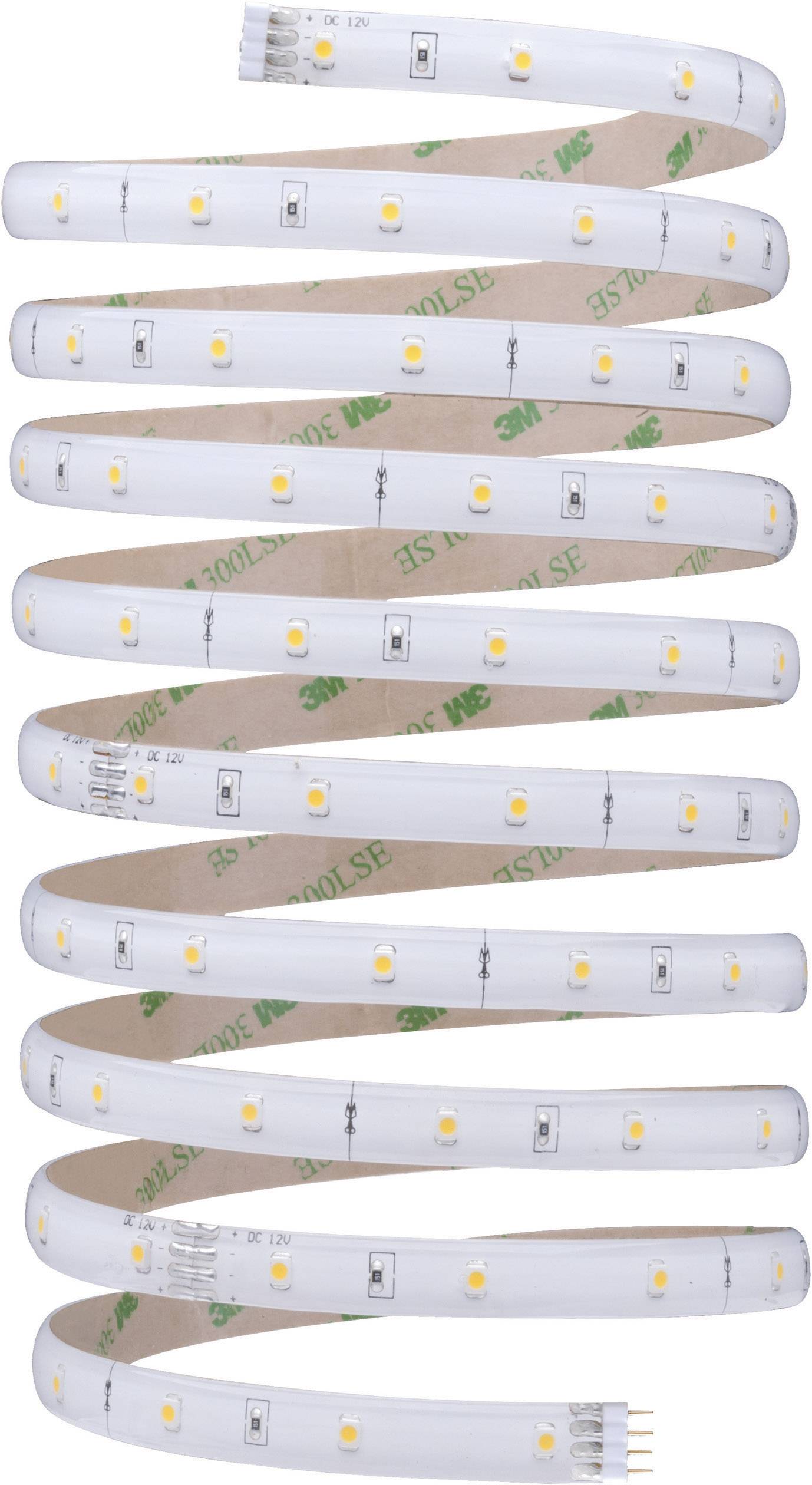 LED strip, tightly rolled. Small yellow diodes are regularly visible on the surface. Reverse side with adhesive strip.
