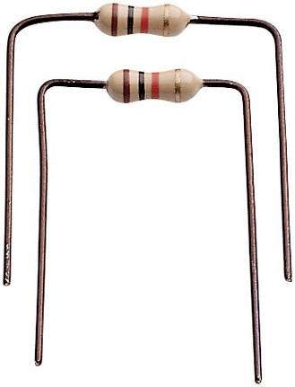 Two wire resistors lie side by side, one slightly smaller. Both have coloured rings to indicate the resistance value.