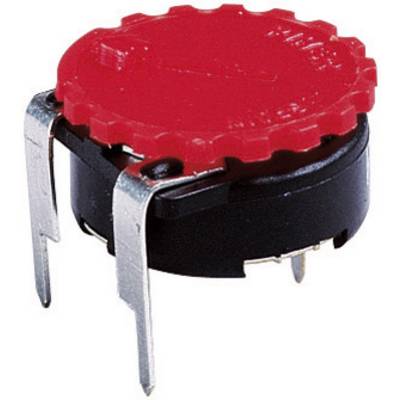 Red, round rotary potentiometer with three metal terminals and a black housing, used for controlling electrical signals.