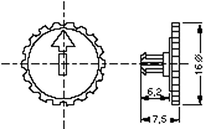 Technical drawing of a gear with dimensions: Diameter 16 mm, Depth 7.5 mm, Arrow pointing upwards, Cross-section on the right shows tooth length 5.2 mm.