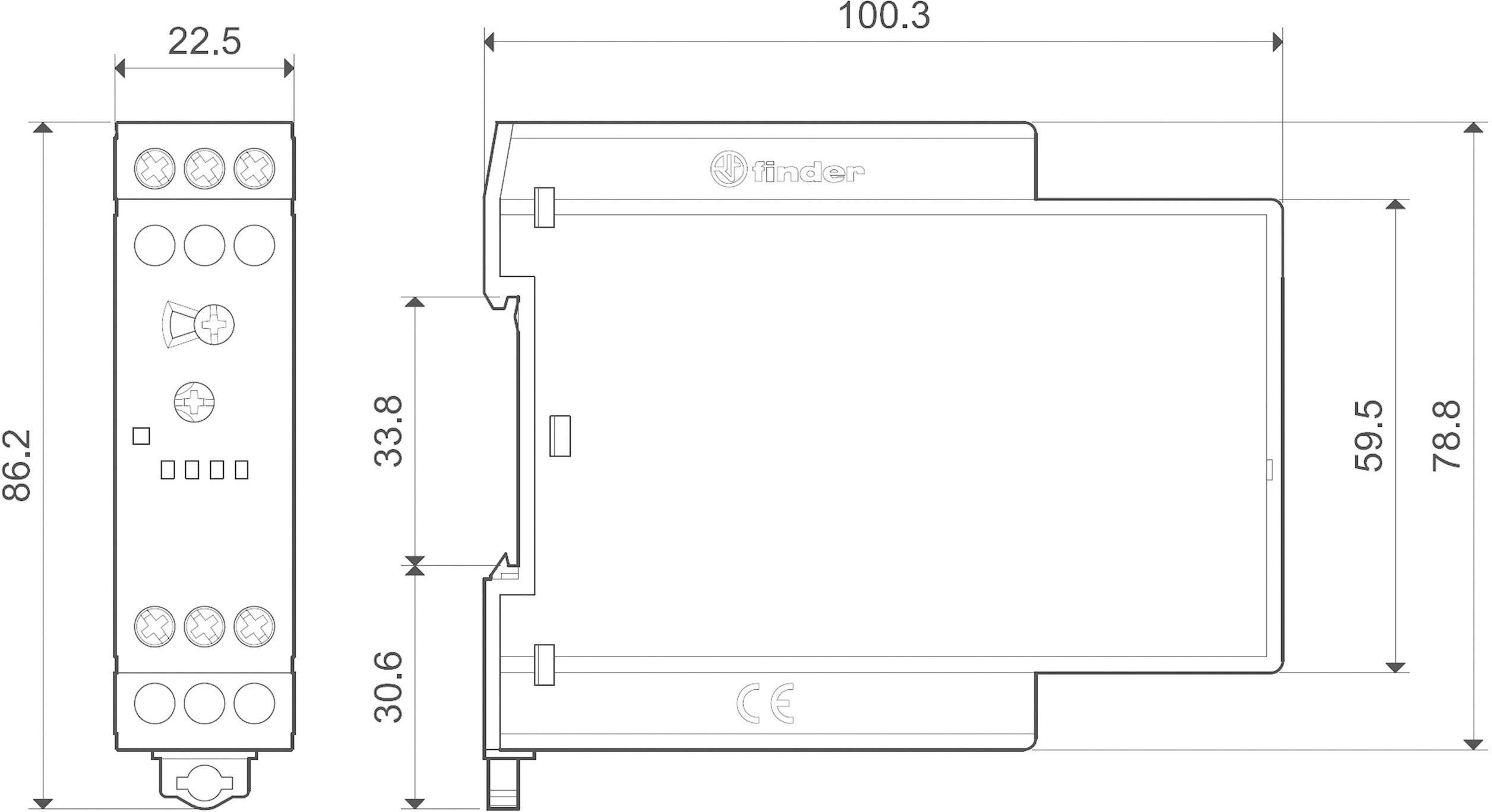 'Technical drawing of an electrical relay, showing front and side views with dimensions in millimetres.'