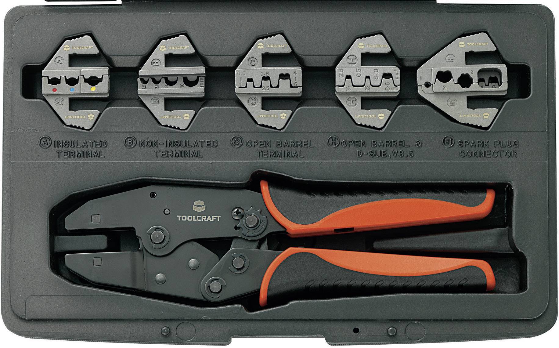 A crimping tool set with six interchangeable jaws for various connectors, including insulated and non-insulated terminals.