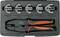 A crimping tool set with six interchangeable jaws for various connectors, including insulated and non-insulated terminals.