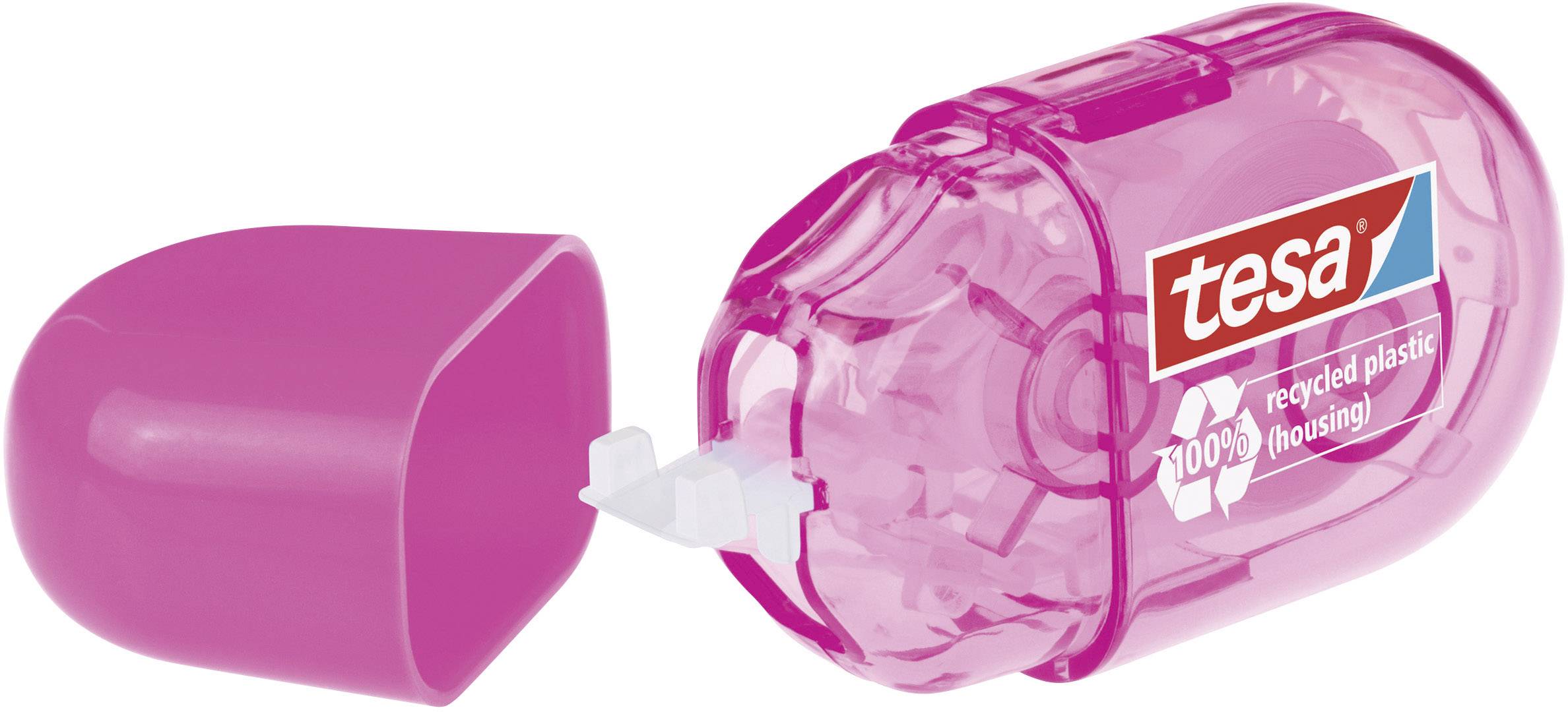 A pink correction roller by Tesa with an open casing, made from 100% recycled plastic.