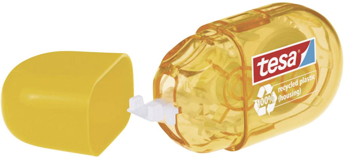 Tesa adhesive roller with cap removed, transparent casing, label reading '100% recycled plastic', right side open.