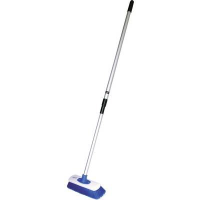 A blue scrubbing brush with a long silver handle, suitable for cleaning hard surfaces.