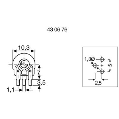 'Circuit diagram of an electronic component with dimensions: Width 10.3 mm, Height 7 mm, Pin spacing 3.5 mm. Additional information: Drill holes 1.3 mm, spacing 2.5 mm.'