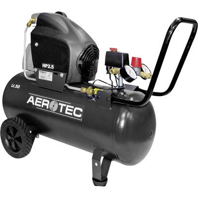 Black compressor with wheels and handle, brand 'Aerotec', model HP2.5. Shows pressure gauge and valves for pressure control.